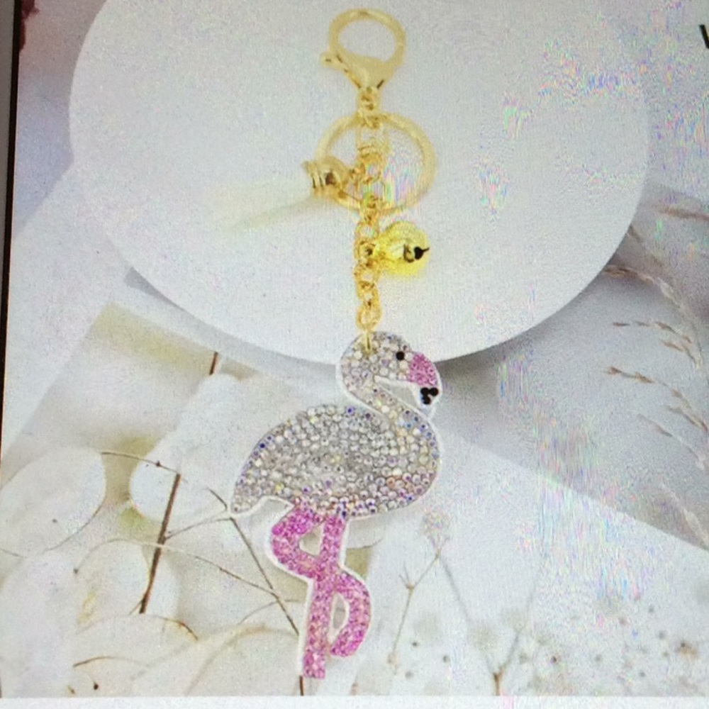 Puffy rhinestone flamingo key chain, purse charm. - Picture 2 of 7